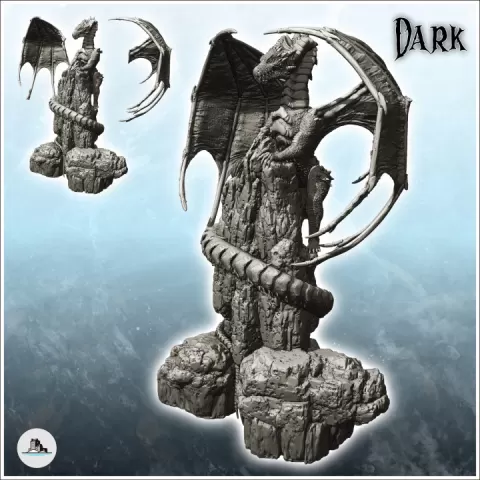 Winged dragon clinging to a scaled rock (20) - Medieval Dark Chaos Animal Beast Undead Tabletop Terrain by Hartolia Miniatures