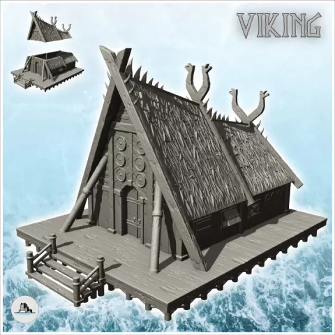 Viking house with large façade and wooden platform (13) - North Northern Norse Nordic Saga 28mm 15mm by Hartolia Miniatures