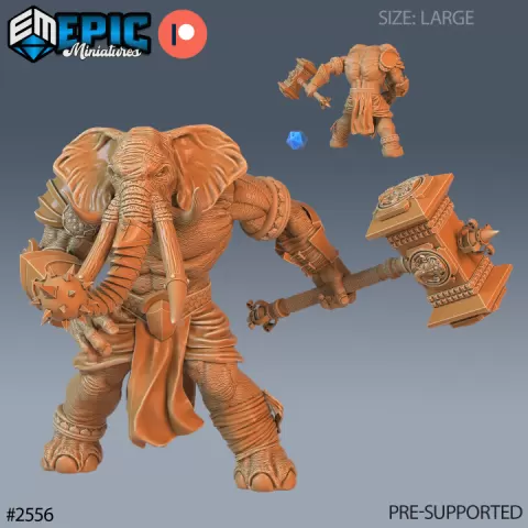 Elephant Folk Barbarian Hammer / Tusked Humanoid / Bulky Tusker Warrior / African Encounter by Epic-Miniatures