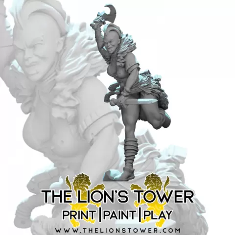 Urthafie - Female Barbarian Warrior, Charging pose (32mm scale presupported miniature) by The Lion's Tower Adventurers Guild
