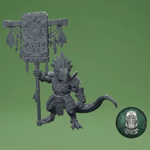 Lizardmen Standard Bearer – Ceremonial Banner Warrior | Pre-Supported 32mm Fantasy Miniature by Guillermo Montero Santiago