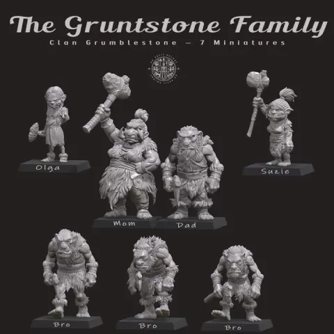 The Gruntstone Family – Clan Grumblestone (7 Miniatures) by Claude Labarussiat