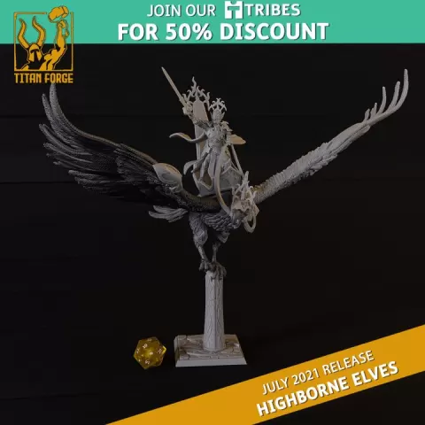 Regal Guard Officer on Bird of Radiance - Highborne Elves - Titan Forge Miniatures July 2021 by Titan Forge Miniatures