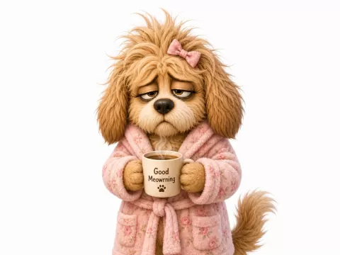 Female Sleepy Dog Drinking Coffee