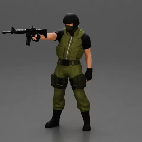 Military precision A man with tactical mastery, wearing a mask and holding a gun with one hand aimed at the enemy by 3DGeschaft Miniatures Figures