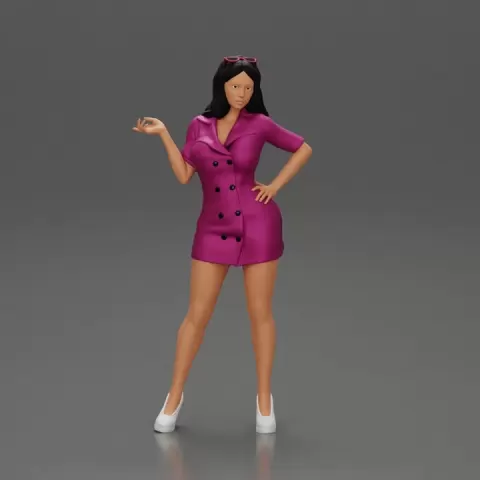 Stylish woman with sunglasses in her hair, exuding chic elegance while striking a pose in a fashionable dress by 3DGeschaft Miniatures Figures