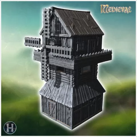 Tall wooden windmill with large blades, a sloped roof, and a reinforced wooden structure (37) - Medieval Gothic Feudal Old Archaic Saga 28mm 15mm RPG by Hartolia Miniatures