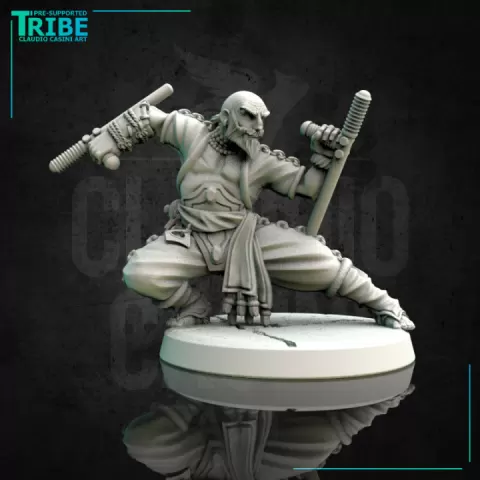 (0162) Male human tiefling half-orc firbolg elf monk with sticks by Claudio Casini Art