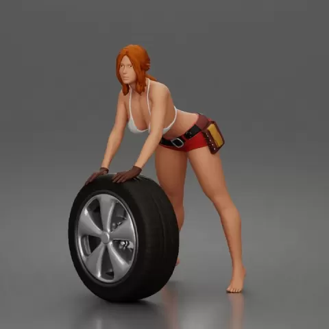 woman Pushing Tire In Bikini Top Shorts Tool Belt And Gloves by 3DGeschaft Miniatures Figures