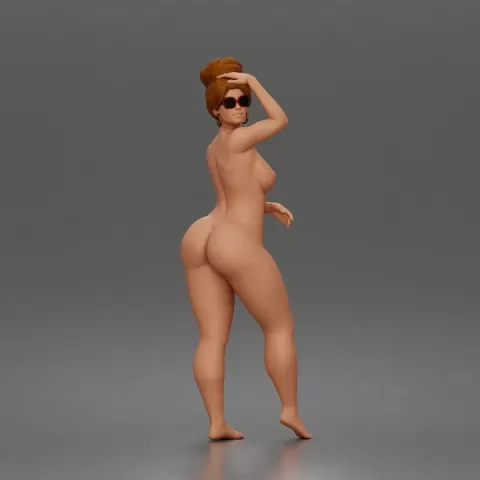 Naked standing woman shields eyes wearing sunglasses earrings flip flops by 3DGeschaft Miniatures Figures