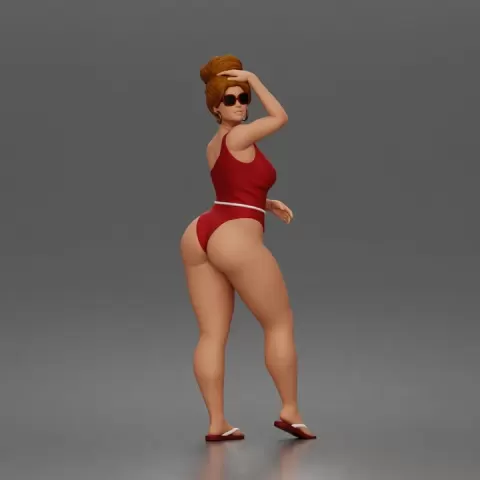 Standing woman shields eyes wearing swimsuit sunglasses earrings flip flops by 3DGeschaft Miniatures Figures