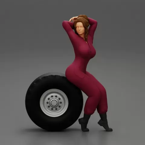 2 Models - SEXY GIRL MECHANIC IN SUIT SITTING ON A TRUCK TYRE AND HANDS IN HAIR by 3DGeschaft Miniatures Figures
