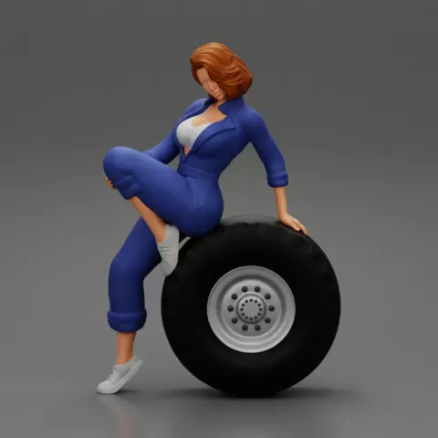 2 Models - Sexy girl mechanic in suit sitting on a truck tyre 2 by 3DGeschaft Miniatures Figures