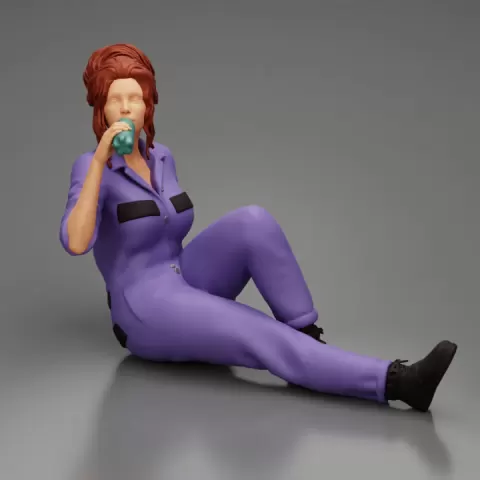 Tired woman mechanic sitting and drinking water during from bottle by 3DGeschaft Miniatures Figures