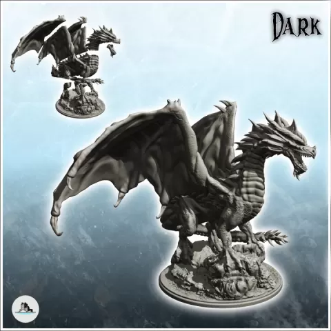 Dragon with open mouth and spiked tail on rock (12) - Fantasy Medieval Dark Chaos Animal Beast Undead by Hartolia Miniatures