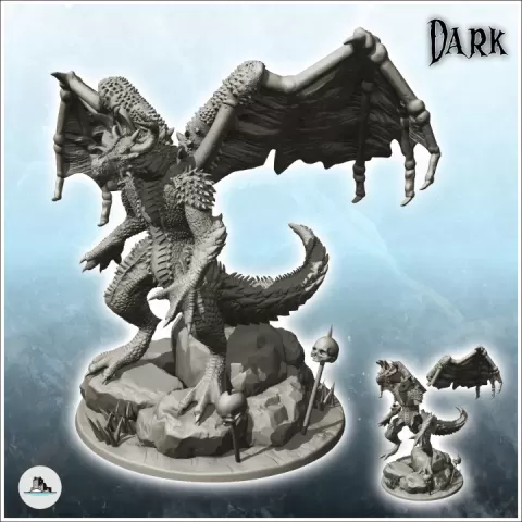 Winged dragon on rock and human skulls on spikes (10) - Fantasy Medieval Dark Chaos Animal Beast Undead by Hartolia Miniatures