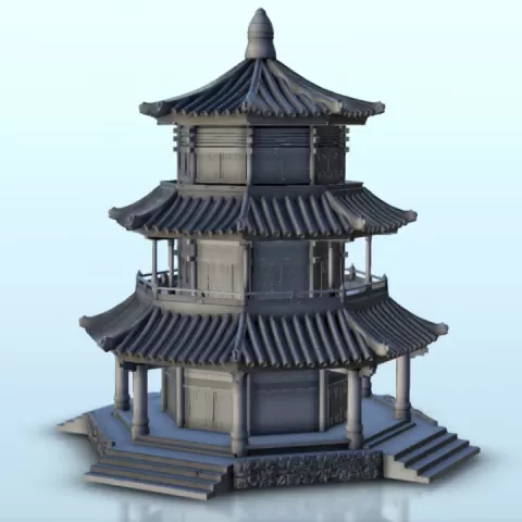 Octagonal two-stories pagoda with columns 18 - Asia Terrain Clash of Katanas Tabletop RPG terrain China Korea WW2 by Hartolia Miniatures