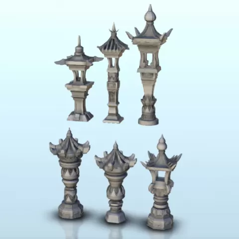 Set of six Chinese scuplt lamps 2 - Asia Terrain Clash of Katanas Tabletop RPG terrain China Korea by Hartolia Miniatures