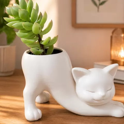 Stretching Cat Planter STL, Cute Animal Plant Pot 3D Print File, Minimal Desk Decor, Succulent Holder Digital Download by yassine reyan