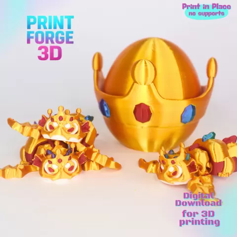 Gold King Dragon | Crowned Dragon & Royal Egg | Print-in-Place Articulated Dragon | No Support by PrintForge3D