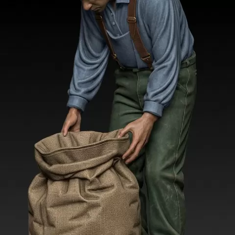Historical Labourer with Large Sack - Early 20th Century Peasant Miniature by Antonio Frisenda