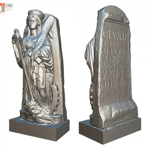 Sculpture of Saint Catherine and Roman inscription by Pablo Aparicio Resco