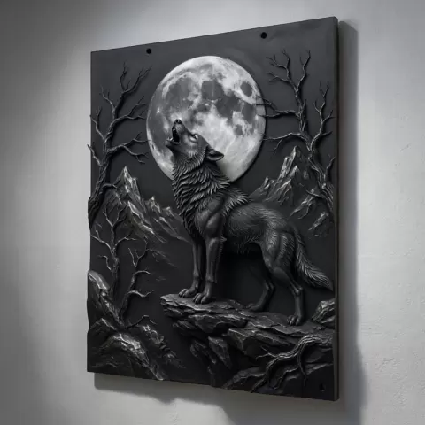 Howling Wolf Moon Wall Panel STL