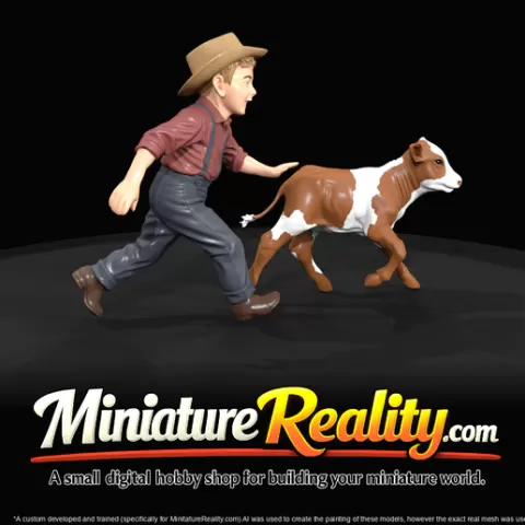 Western Farmer Young boy running with pet Cow (1860s) - HO 1:87 Master STL (print at any scale)