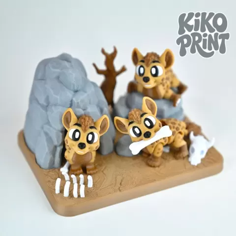 Cute Flexi Hyena with a Den Diorama Playset Print-in-place & Keychain by Kiko Print