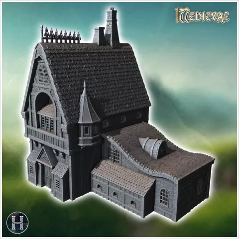 Medieval-style house with a steeply pitched roof, large chimneys, and a central tower (27) - Medieval Gothic Feudal Old Archaic Saga 28mm 15mm RPG by Hartolia Miniatures