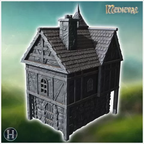 Large two-story medieval house with detailed stone foundation and wooden upper floors (25) - Medieval Gothic Feudal Old Archaic Saga 28mm 15mm RPG by Hartolia Miniatures