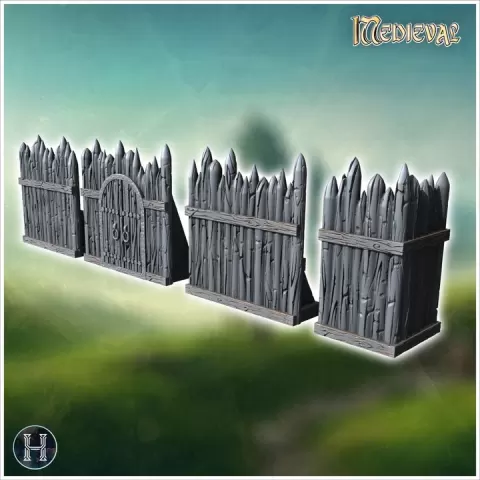 Tall wooden palisade with pointed stakes and an integrated gate with reinforced doors (6) - Medieval Gothic Feudal Old Archaic Saga 28mm 15mm RPG by Hartolia Miniatures