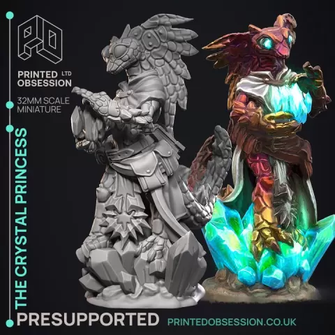 Princess of the Crystals - Geckold Royality - PRESUPPORTED - Illustrated and Stats - 32mm scale by Printed Obsession