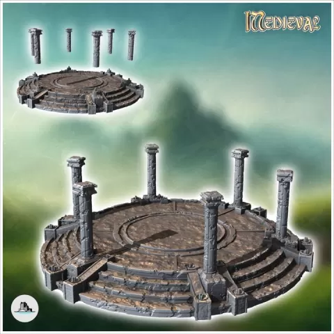 Stone altar on platform with columns and stair treads (37) - Medieval Gothic Feudal Old Archaic Saga 28mm 15mm RPG by Hartolia Miniatures