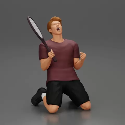 tennis player holding racket sits in celebration of his victory by 3DGeschaft Miniatures Figures