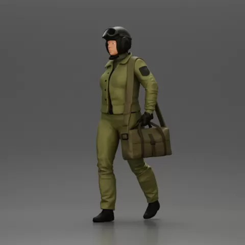 Pilot Woman Walking with Military Helmet and Emergency Shoulder Bag by 3DGeschaft Miniatures Figures
