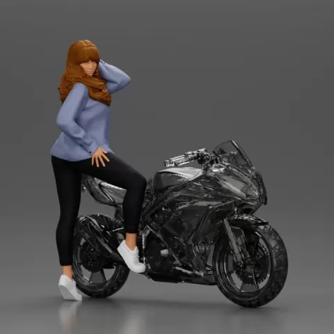 Young woman in shirt with long hair posing with one foot resting on the motorcycle by 3DGeschaft Miniatures Figures