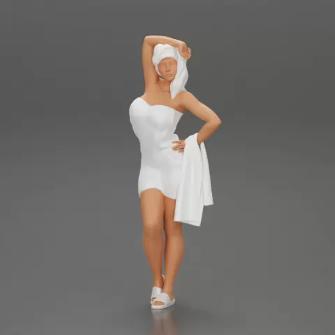 Sexy woman after shower wearing bathrobe holding bath towel by 3DGeschaft Miniatures Figures