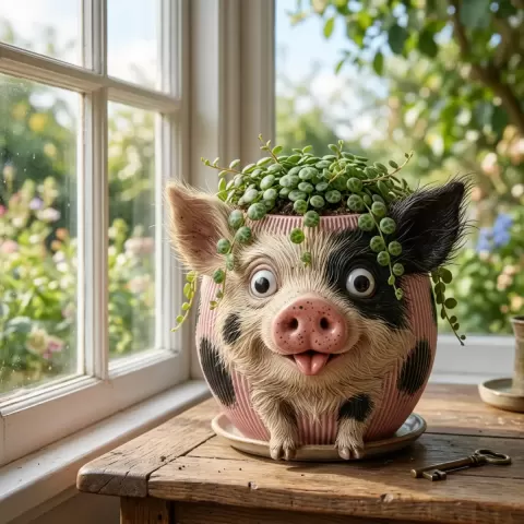 Adorable Pig Planter Pot with Succulent Hair Whimsical Animal Plant Holder