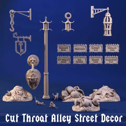 Cut Throat Alley Street Decor – Printable Fantasy City Accessories for RPG Terrain by Medusa Miniatures