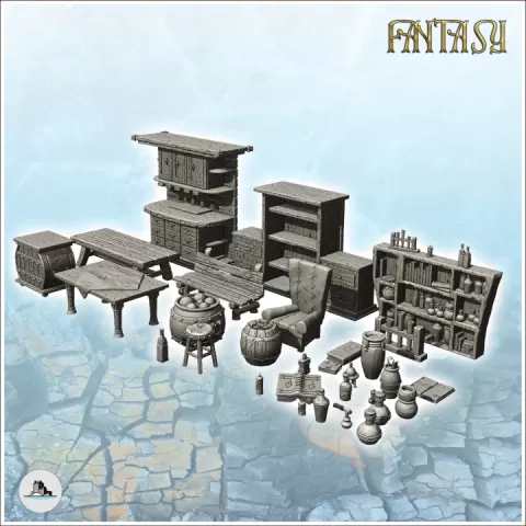 Potions store interior set with cauldrons and vials (4) - Medieval Gothic Feudal Old Archaic Saga 28mm 15mm by Hartolia Miniatures