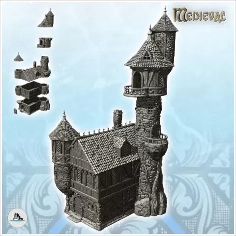 Large medieval stone manor with corner tower, large turret and high-level rooms (20) - Medieval Gothic Feudal Old Archaic Saga 28mm 15mm by Hartolia Miniatures