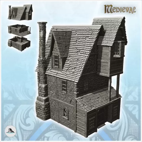 Medieval stone manor with large chimney and suspended room (18) - Medieval Gothic Feudal Old Archaic Saga 28mm 15mm by Hartolia Miniatures