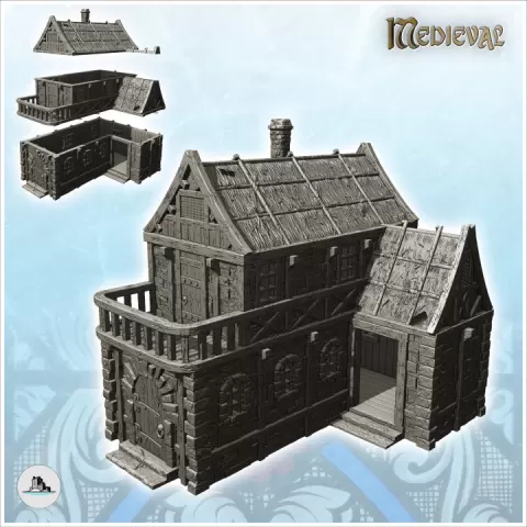 Medieval house with terrace, large door and thatched roof (11) - Medieval Gothic Feudal Old Archaic Saga 28mm 15mm by Hartolia Miniatures