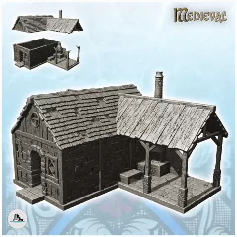 Medieval blacksmith house with forge, chimney and awning (10) - Medieval Gothic Feudal Old Archaic Saga 28mm 15mm by Hartolia Miniatures