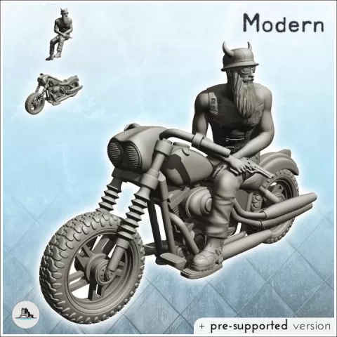 Biker with long beard, horned hat and gun (4) - Gang Modern Apocalypse Outlaw Biker US Bandit Rebel Club by Hartolia Miniatures