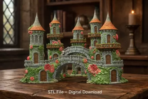 Enchanted Rose Castle Bridge Cottage STL File for 3D Printing