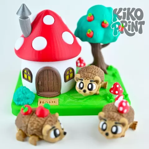 Cute Flexi Hedgehog with a Mushroom Diorama Playset Print-in-place & Keychain by Kiko Print