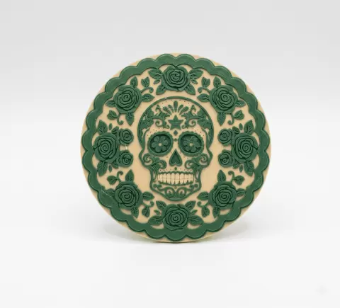 Sugar Skull Badge Reel Topper | Day of the Dead Rose Wreath Disc | FDM 3D Print