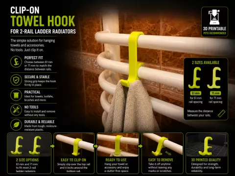 Clip-On Towel Hook for 2-Rail Ladder Radiators